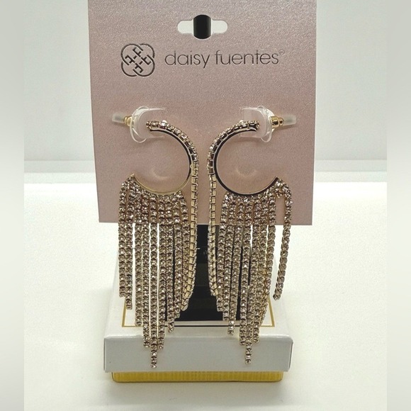 Daisy Fuentes Jewelry - Daisy Fuentes Gold Tone Rhinestone‎ Fringe Hoop Earrings Statement Crystal Drop